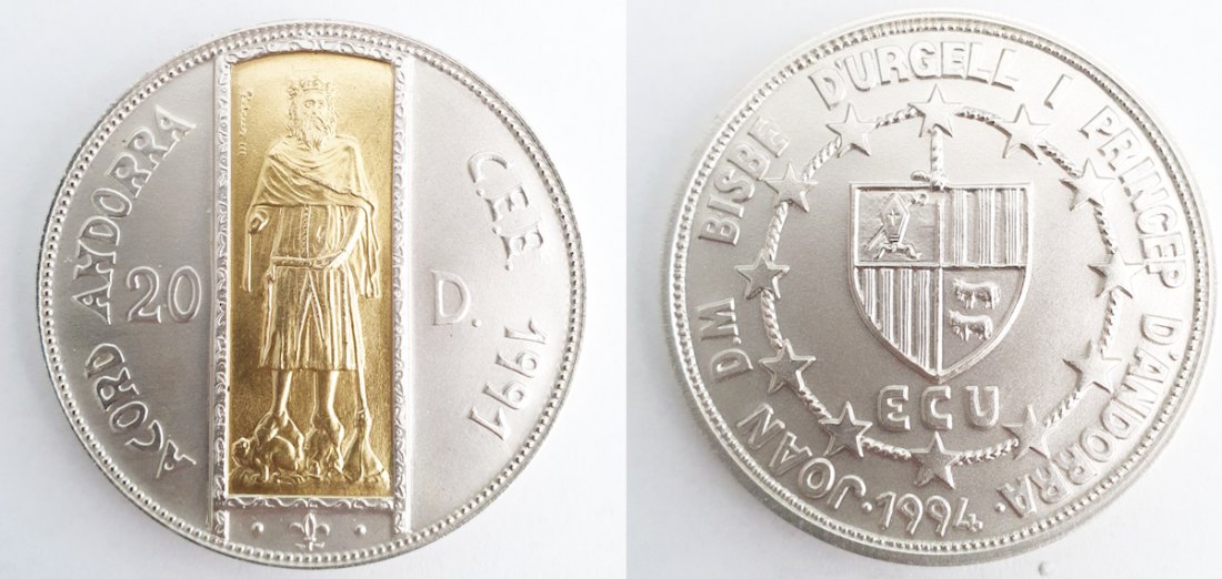 2x 20 Diners 1994 ECU Zollunion - Peter III. von Katalonien & Aragon - Silber m. 1,6 g Gold Inlay