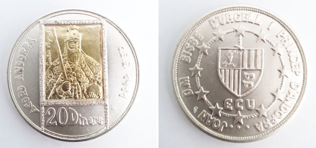 2x 20 Diners 1992 ECU Zollunion - Joan Martí i Alanis - Silber m. 1,6 g Gold Inlay
