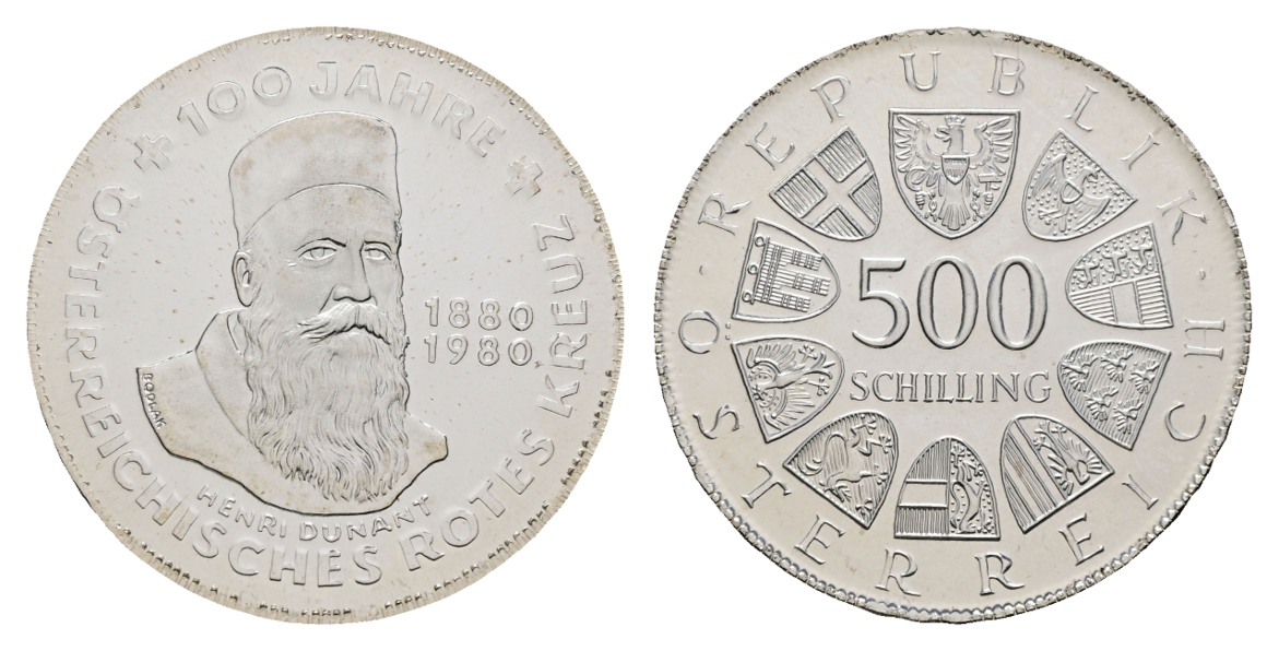  Österreich; 500 Schilling 1980; 100 Jahre Österreichisches Rotes Kreuz; Henri Dunant   
