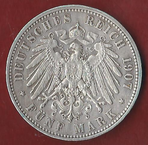  Kaiserreich 5 Mark Sachsen 1907  Münzankauf Koblenz Frank Maurer AL 835   