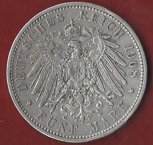  Kaiserreich 5 Mark Baden 1908  Münzankauf Koblenz Frank Maurer AK331   