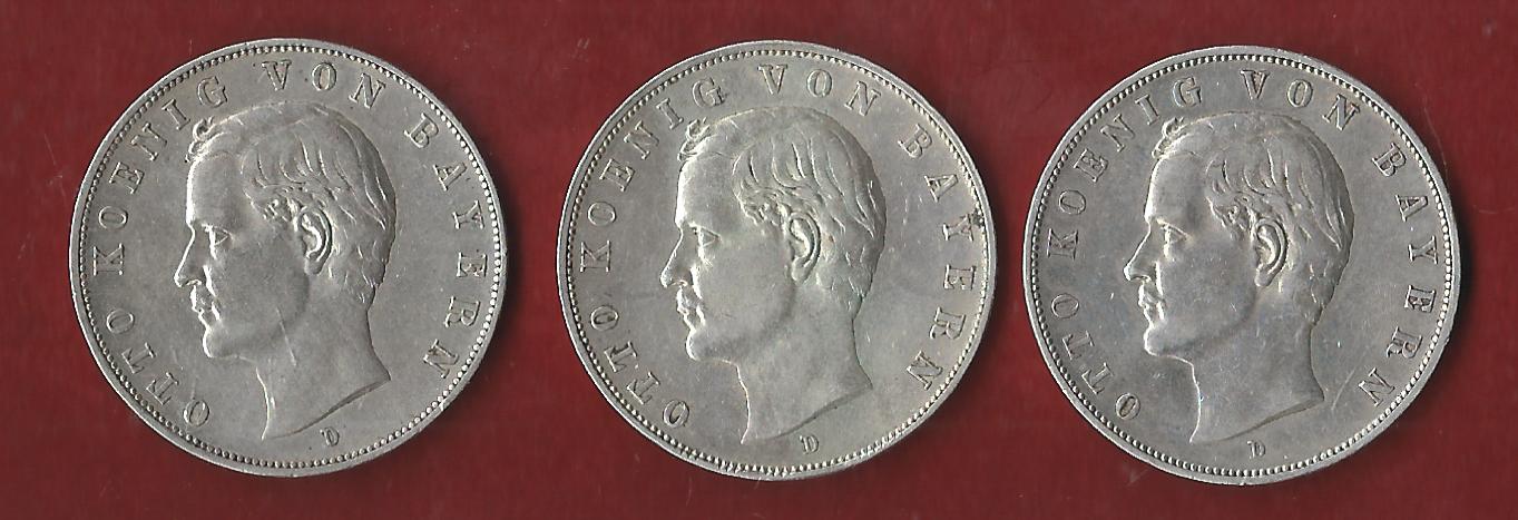  Kaiserreich 3x3 Mark Bayern Otto 1909,1911,1912 Münzankauf Koblenz Frank Maurer AK333   
