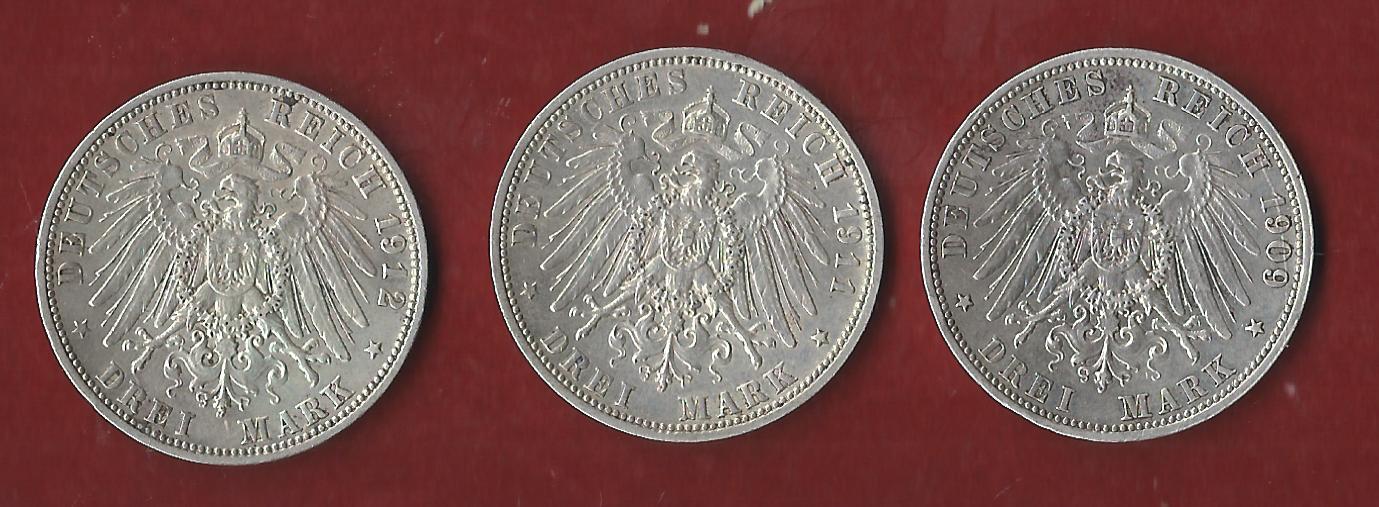  Kaiserreich 3x3 Mark Bayern Otto 1909,1911,1912 Münzankauf Koblenz Frank Maurer AK333   