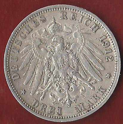 Kaiserreich 3 Mark Wuerttemberg 1912 Münzankauf Koblenz Frank Maurer AK334   
