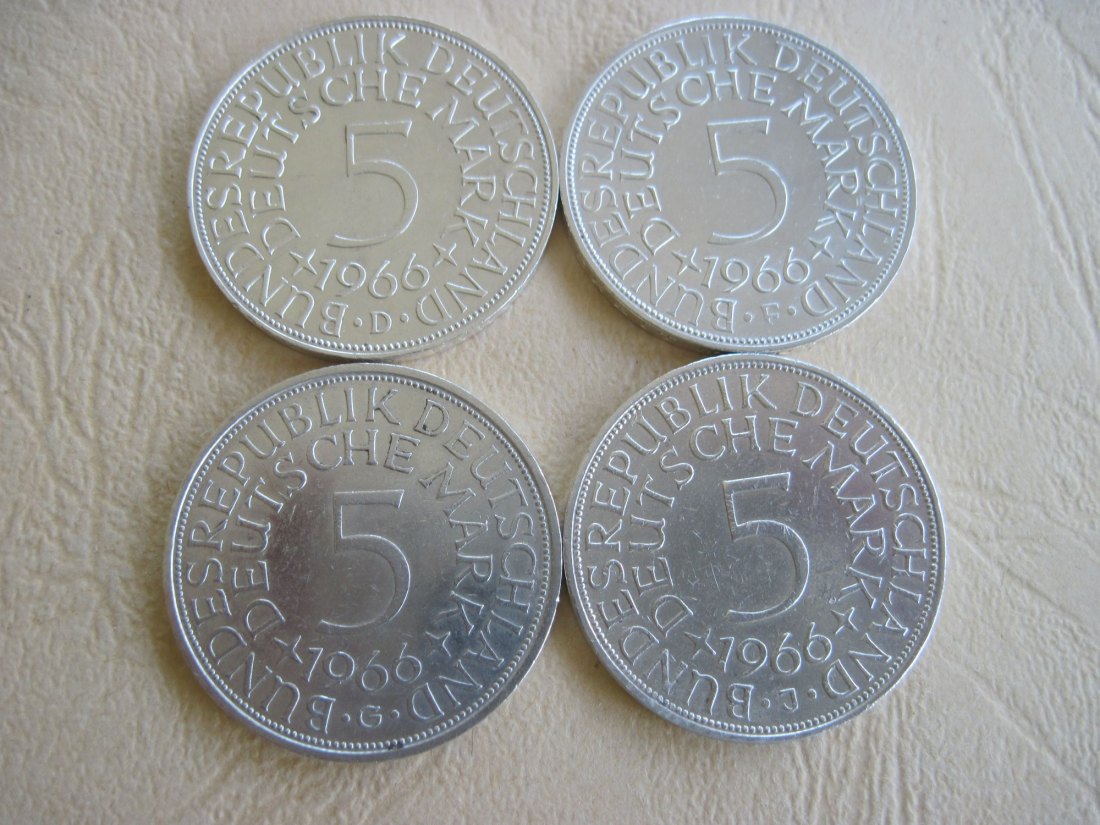  4 x 5 DM 1966 D F G J Silberadler kompletter Satz, toller Zustand !!!   