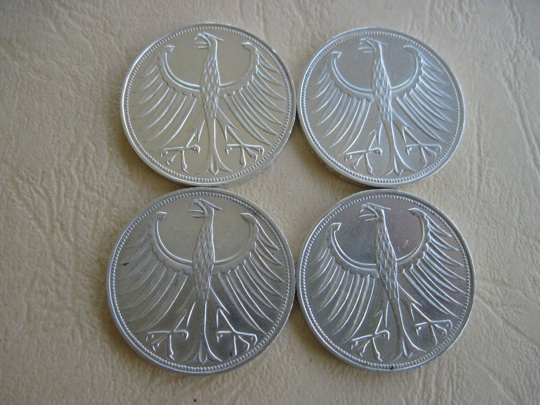  4 x 5 DM 1966 D F G J Silberadler kompletter Satz, toller Zustand !!!   