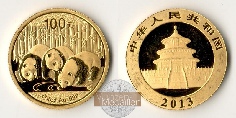 China  100 Yuan  2013 MM-Frankfurt Feingold: 7,78g Drei Pandabären beim Wasser trinken  
