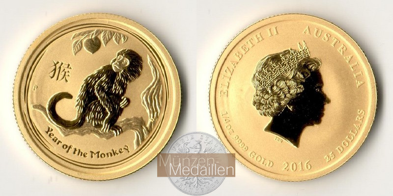 Australien 25 Dollar MM-Frankfurt Feingold: 7,78g Jahr des Affen 2016 