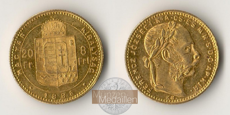 Ungarn MM-Frankfurt Feingold: 5,81g 8 Forint / 20 Franken 1886 