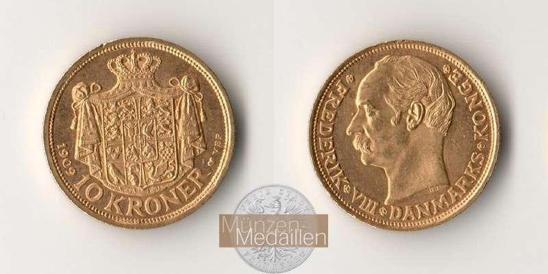 Dänemark, Frederik VIII. (1906-1912) MM-Frankfurt Feingold: 4,03g 10 Kroner 1909 VBP 