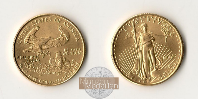 USA 10 Dollar MM-Frankfurt  Feingold: 7,78g American Eagle 1/4 Unze 1990 