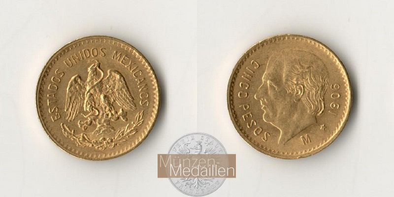 Mexiko  5 Pesos MM-Frankfurt Feingold: 3,75g Miguel Hidalgo y Costilla 1906 