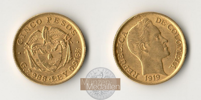 Kolumbien, Republik seit 1911. Feingold: 7,32g 5 Pesos 1919 