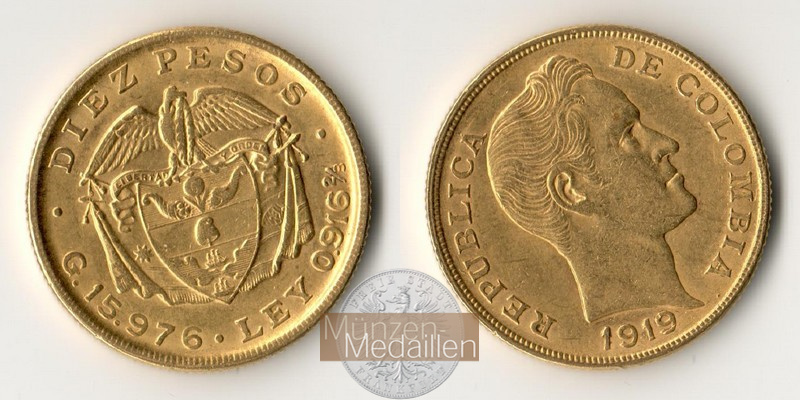 Kolumbien Feingold: 14,65g 10 Pesos 1919 