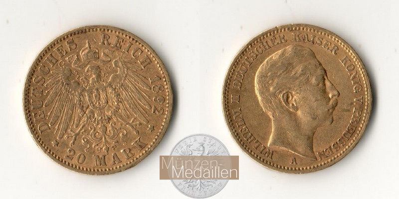 Deutsches Kaiserreich. Preussen MM-Frankfurt Feingewicht: 7,17g Gold Wilhelm II. 1888-1918. 20 Mark 1892 A sehr schön