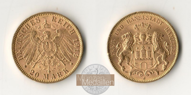 Hamburg, Freie und Hansestadt MM-Frankfurt KM#618 Feingold: 7,17g 20 Mark 1913 J 