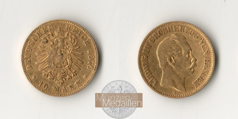 Dt. Kaiserreich. Hessen, Ludwig III. MM-Frankfurt KM#354 Feingold: 3,58g 10 Mark 1876 H 