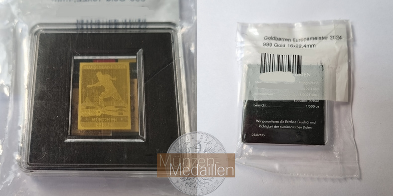  Tschad 3000 Francs Goldbarren Europameister 2024 MM-Frankfurt Feingold: 0,057g   