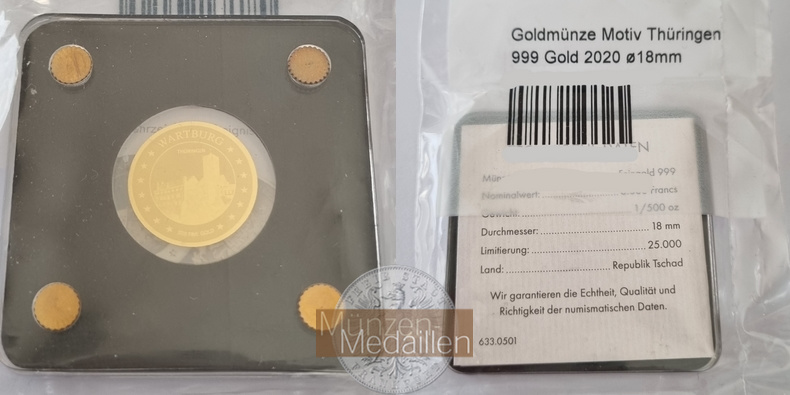 Tschad  3000 Franken MM-Frankfurt Feingold: 1/500oz Wartburg 2020 