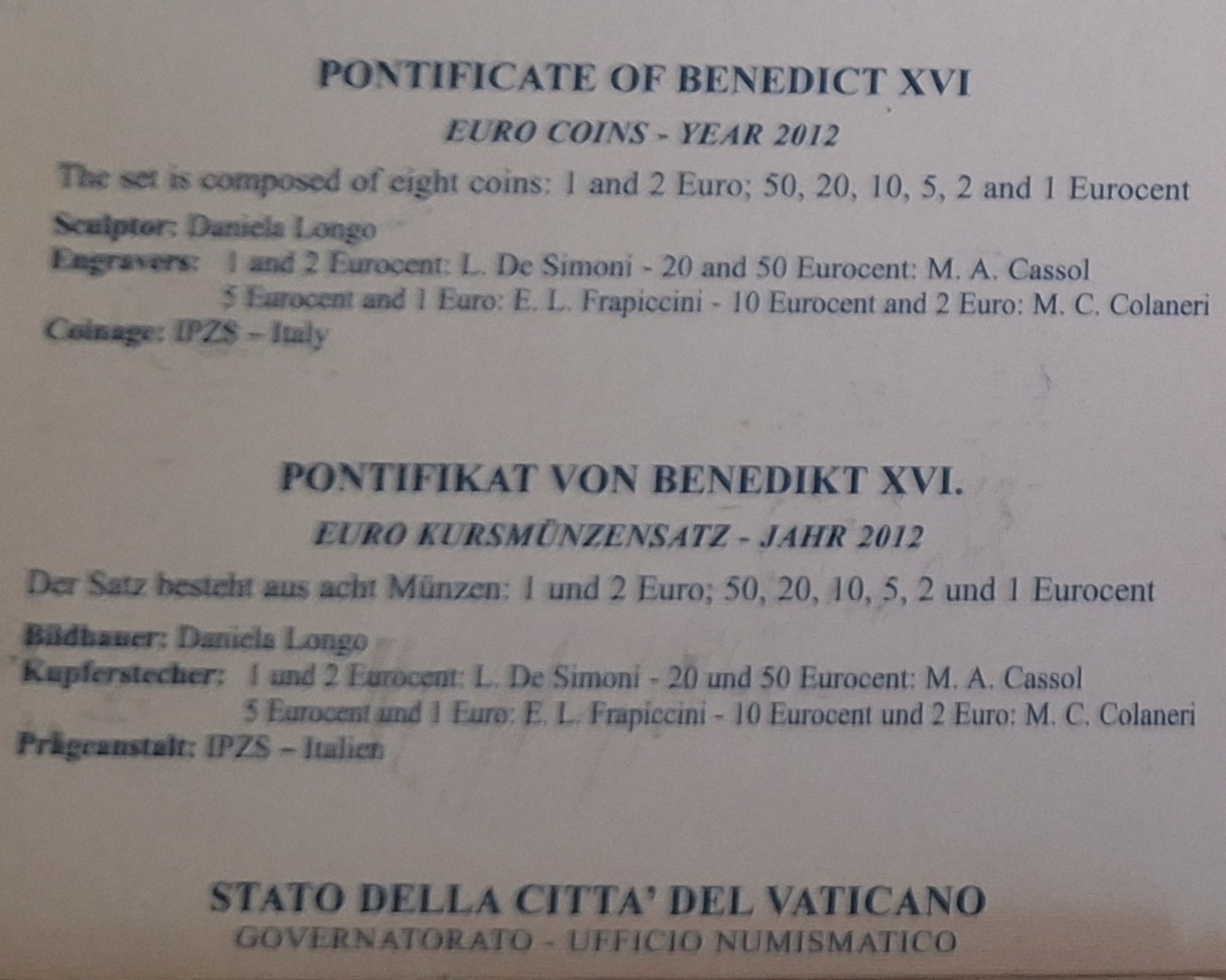  KMS 3,88 Euro Vatikan 2012 Papst Benedikt XVI   