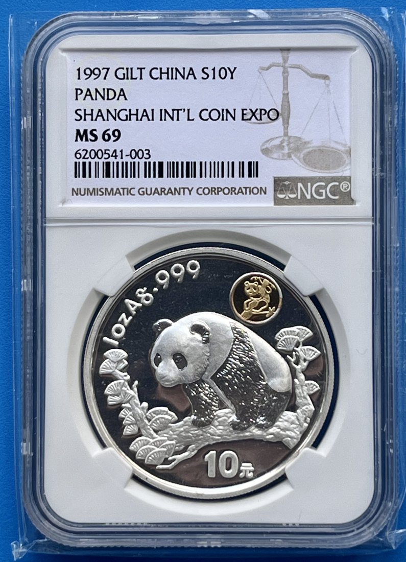 1997 GILT CHINA PANDA SHANGHAI INT’L COIN EXPO S10Y 1 Oz Silber 999 NGC69