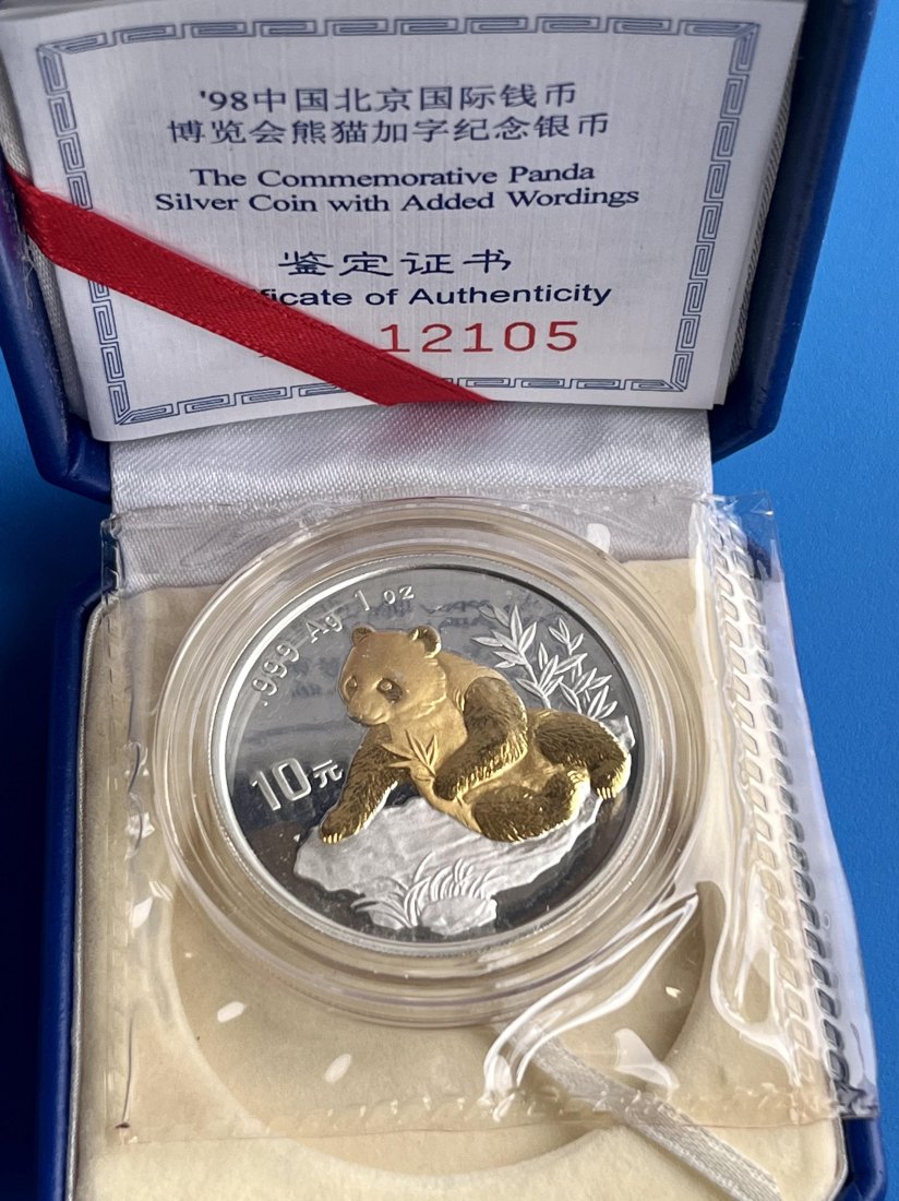  1998 GILT CHINA PANDA BEIJING INT’L COIN EXPO S10Y 1Oz Silber 999 OVP   