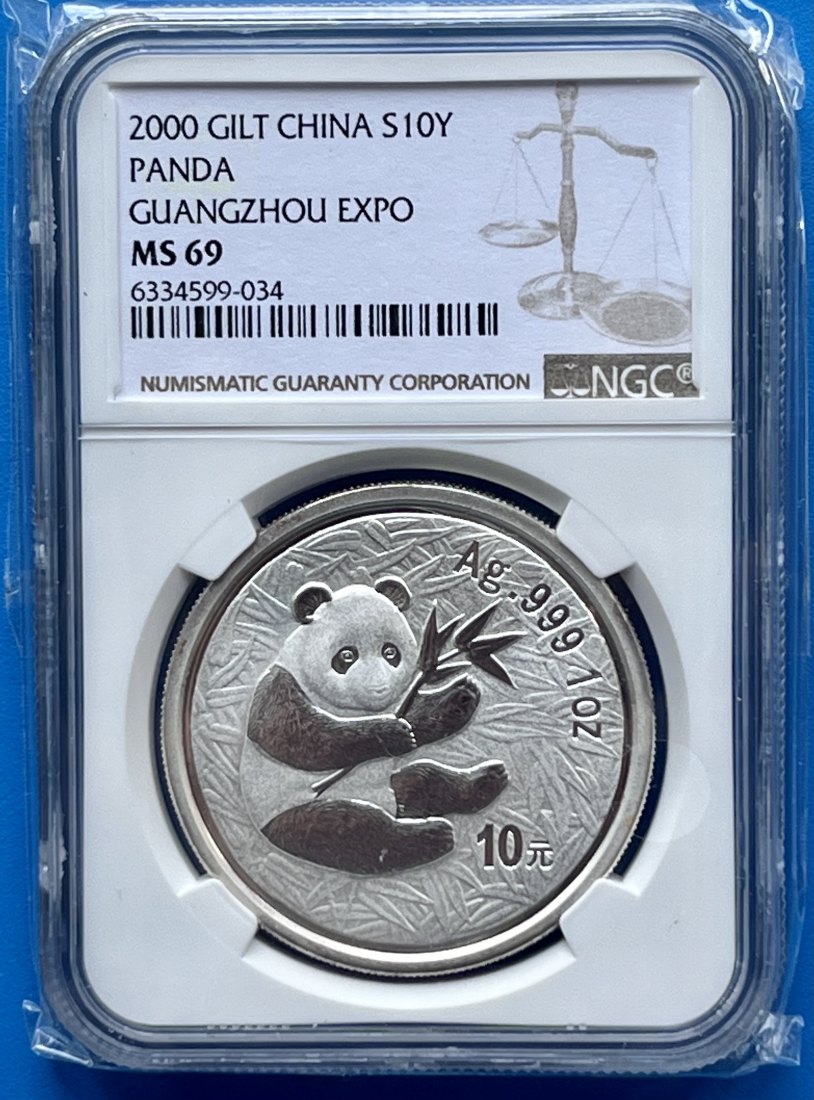 2000 GILT CHINA PANDA KUNGZHAO INT’L COIN EXPO S10Y 1 Oz Silber 999 NGC69