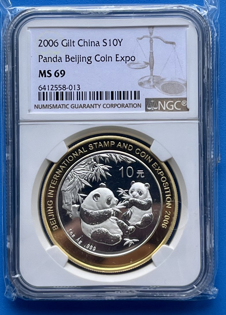 2006 CHINA PANDA BEIJING INT'L COIN EXPO S10Y 1 Oz Silber 999 NGC 69