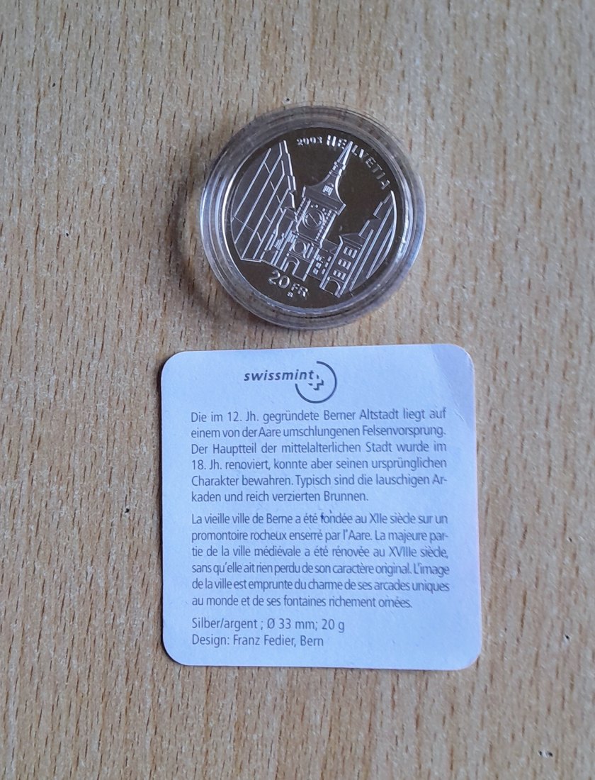  20 Franken 2003 PP Berner Altstadt mit Original Kapsel+Etui+Zertifikat   