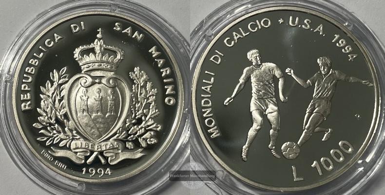  San Marino  1000 Lire  1994R  FM-Frankfurt  Feingewicht: 12,19g Km#318 Silber  PP   