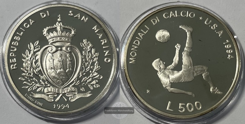  San Marino  500 Lire  1994R  FM-Frankfurt  Feingewicht: 9,2g Km#317 Silber  PP   
