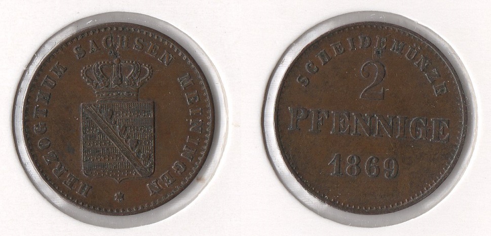  Sachsen Meiningen 2 Pfennig 1869 ss-vz- * * AKS# 220   