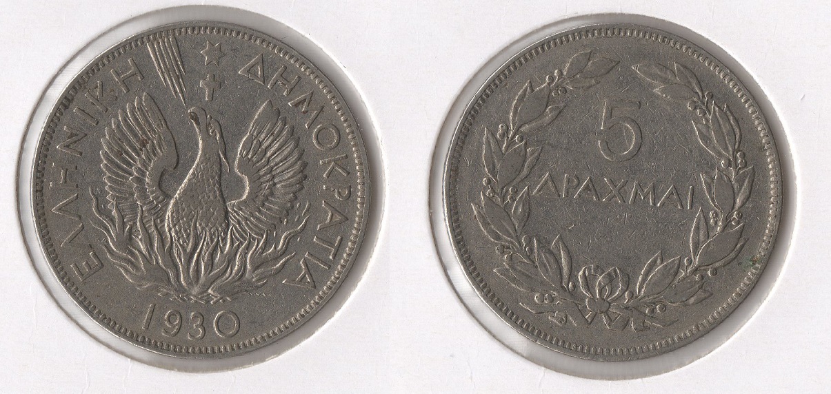  Griechische Republik 5 Drachmai 1930 (N) f. vorzüglich Phönix - (2)   