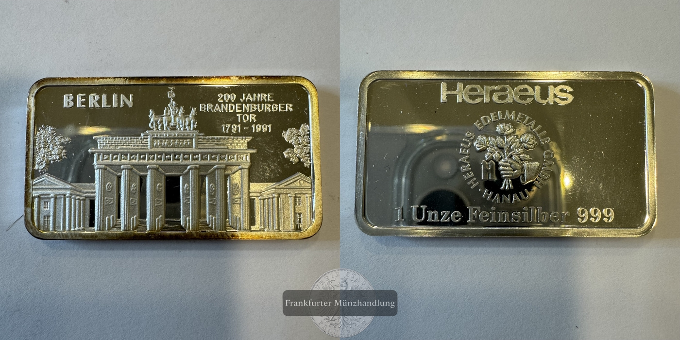  Deutschland Heraeus 1 Unze 200 Jahre Brandenburger Tor FM-Frankfurt Feinsilber: 31,1g   