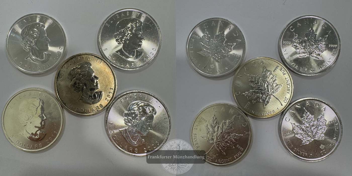  Kanada 5x 5 Dollar  2020/2011  Maple Leaf   FM-Frankfurt    Feinsilber: 155g   