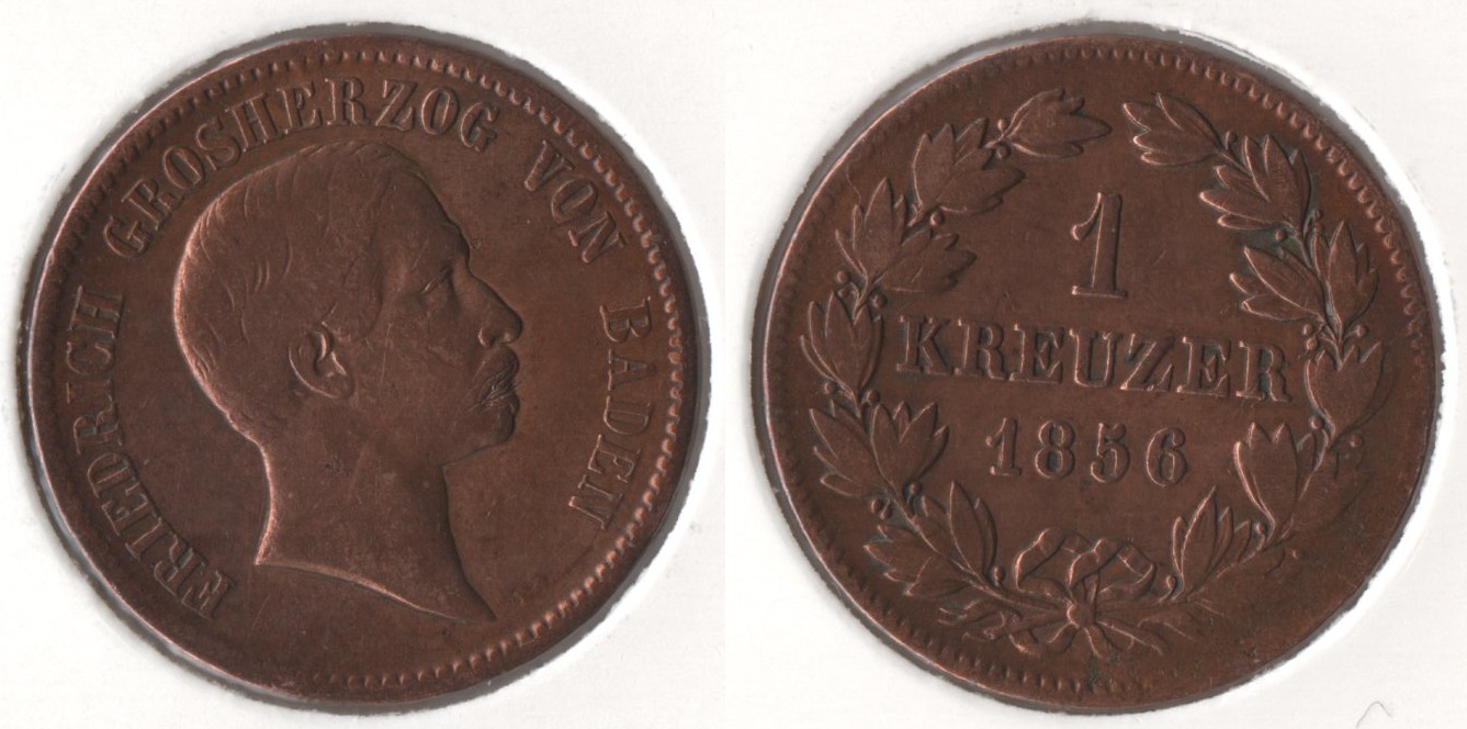  BADEN 1 Kreuzer 1856 sehr schön AKS#122 * * MAX. 706.850 Ex. * *   