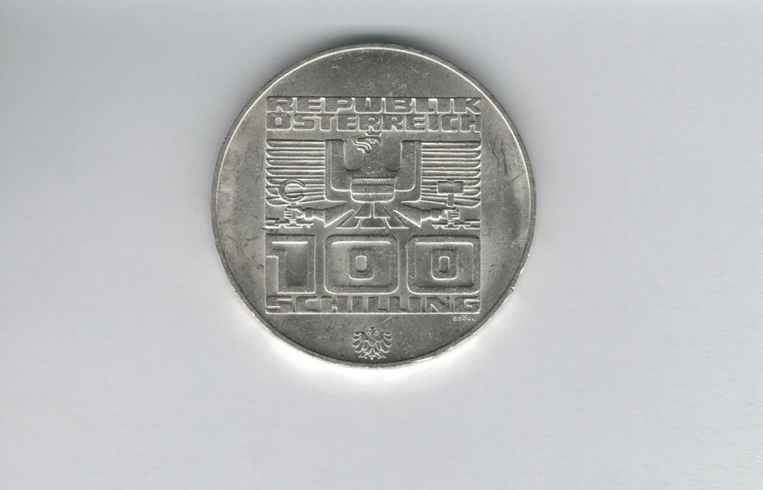  100 Schilling 1976 Berg Isel Schanze Innsbruck Hall Winterspiele Ag 15,36g fein Österreich (01914/10   