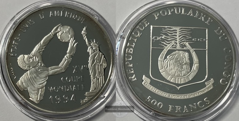  Kongo 500 Francs 1994  FIFA Fussball-Weltmeisterschaft KM#11   FM-Frankfurt  Feinsilber: 19,98g   