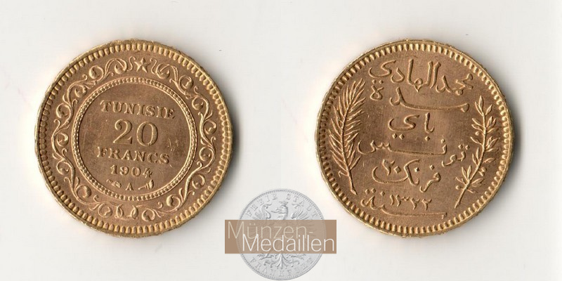 Tunesien (Französisches Protektorat) MM-Frankfurt Feingewicht: 5,81g 20 Francs 1904 A 
