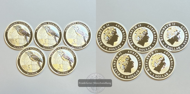  Australien 1 Dollar 2016 Kookaburra 5 Münzen LOT FM-Frankfurt Feinsilber: 155,4g   