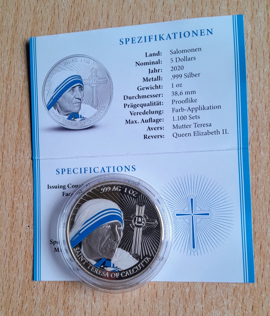 Solomon Islands 5 Dollar 2020 Mother Teresa in OVP + Zert. RAR nur 1.100 Stück