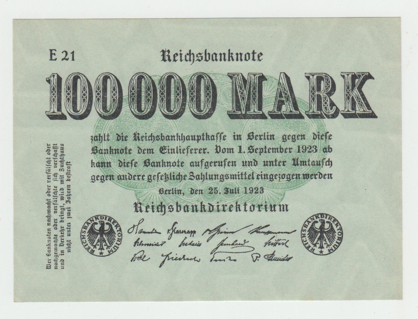  Ro. 90 a, 100 tausend Mark 1923, E21, kassenfrische Erhaltung I   