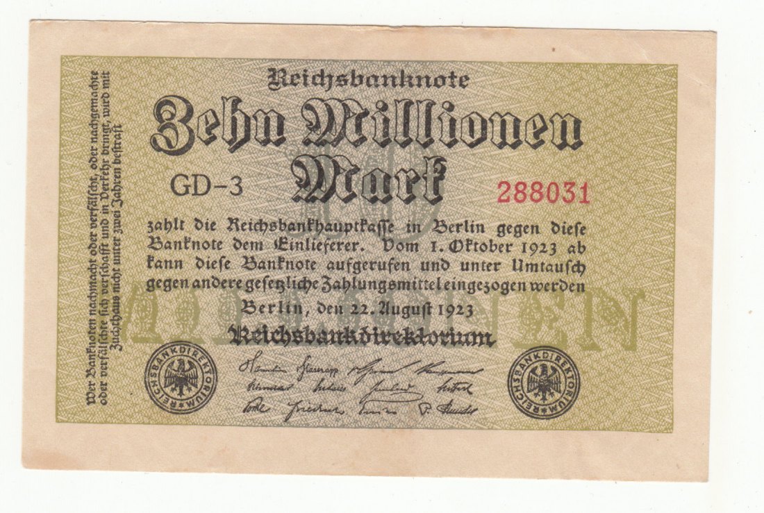  Ro. 105 d, 10 Millionen Mark vom 20.08.1923, leicht gebrauchte Erhaltung II   
