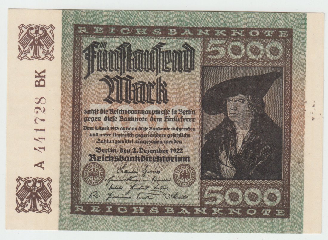Ro. 80 a, 5000 Mark vom 02.12.1922, A 441728 BK, kassenfrische Erhaltung I