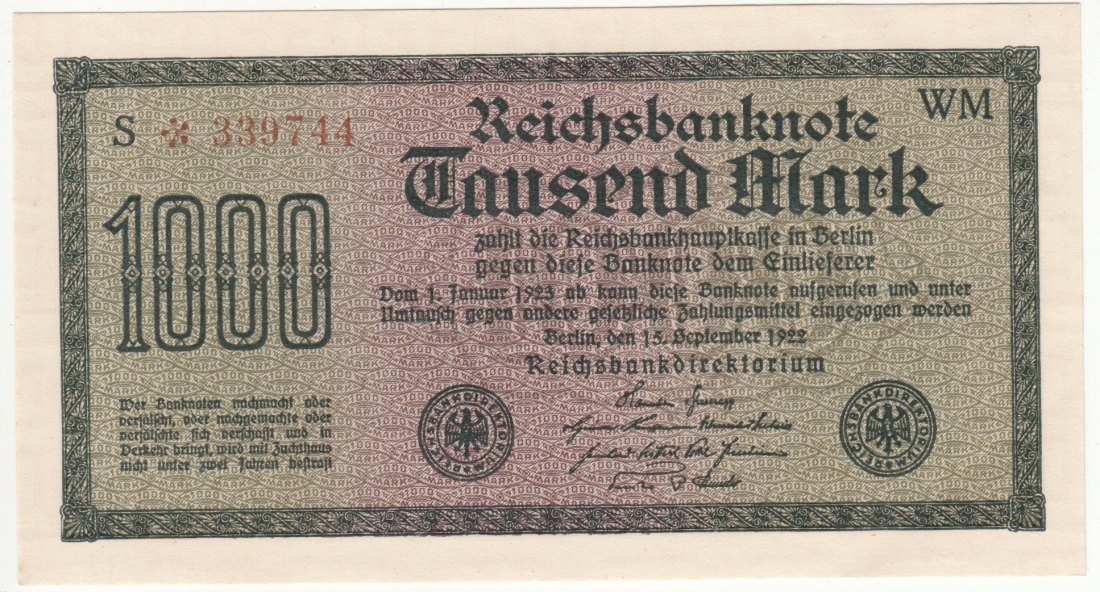 Ro. 75 I, 1000 Mark 1922, S * 339744, kassenfrische Erhaltung I
