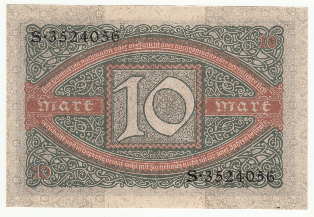  Ro. 63 a, 10 Mark 1920, S.3524056, kassenfrische Erhaltung I   