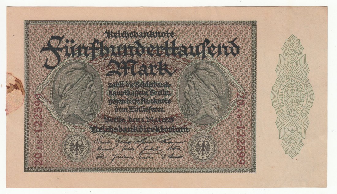 Ro. 87 e, 500 tausend Mark 1923, 20AB.122599, kassenfrische Erhaltung I