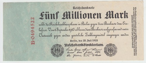  Ro. 94, 5 Millionen Mark von 1923, B.0494522, fast kassenfrische Erhaltung I-   