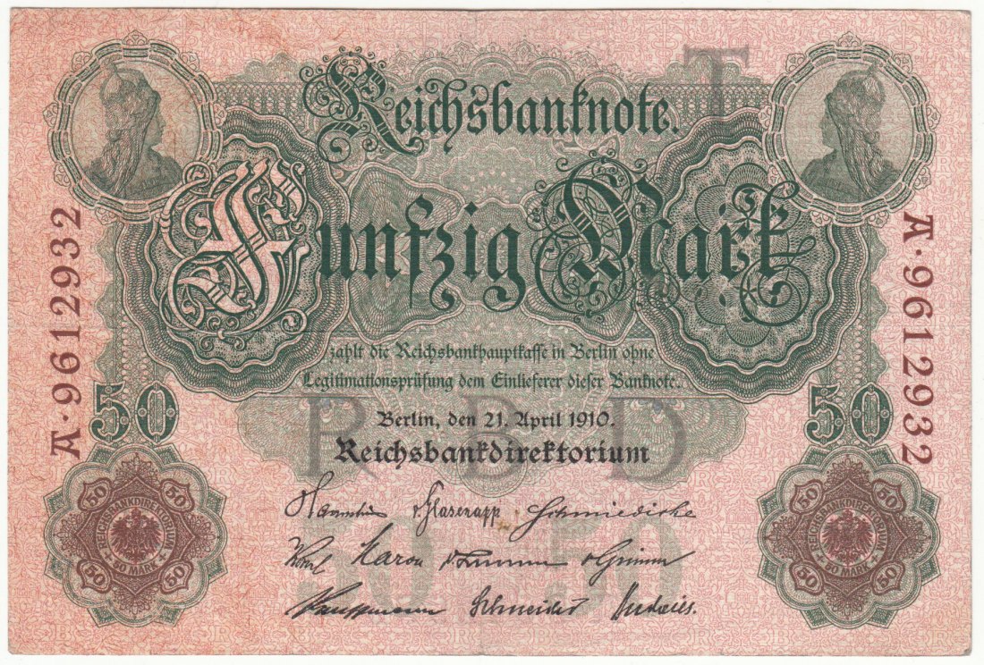 Ro. 42, 50 Mark vom 1910, A.9612932, leicht gebrauchte Erhaltung II