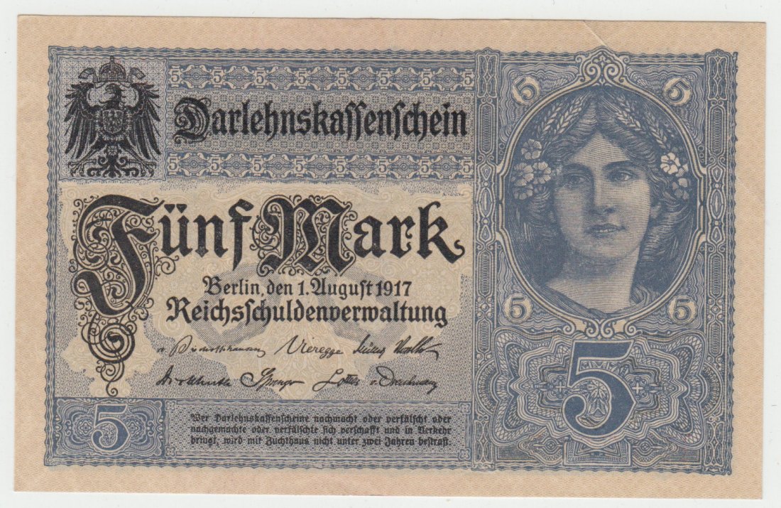 Ro. 54 c, 5 Mark vom 01.08.1917, R.17287455, kassenfrische Erhaltung I